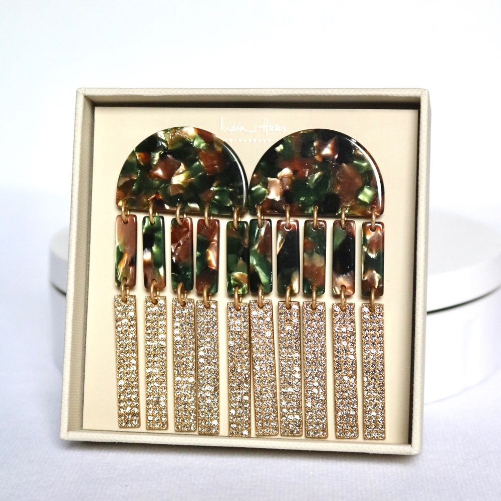 NWT India Hicks Camo Drop Dangle Earrings Brown Green 14K Gold Plated Crystals